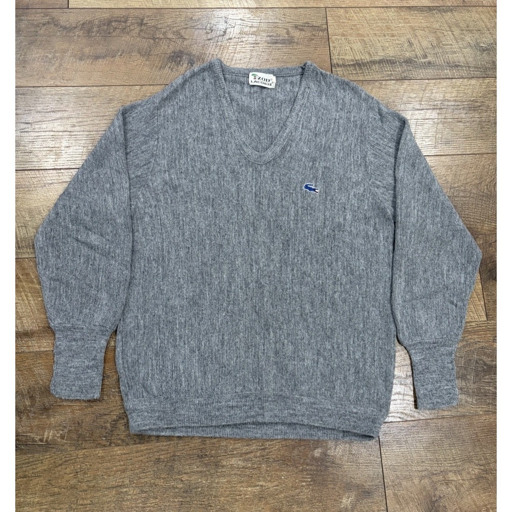 Vintage‎ 70s Lacoste Izod V Neck Embroidered Blue Crocadile Sweater Grey Medium